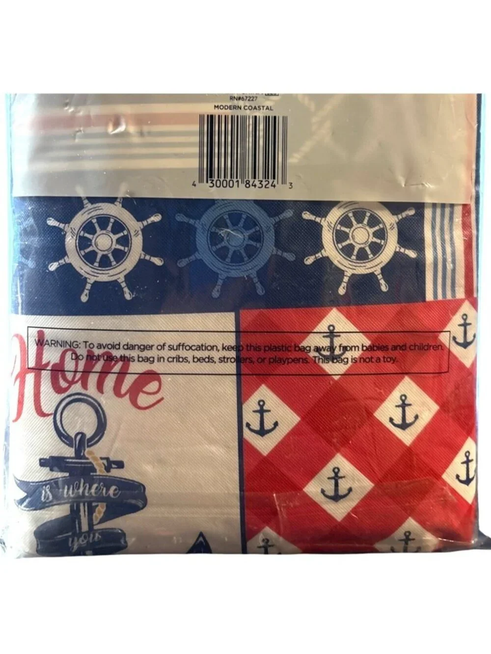 True Living Nautical-Themed Vinyl Flannel Back Tablecloth 52 X 70 Red White Blue